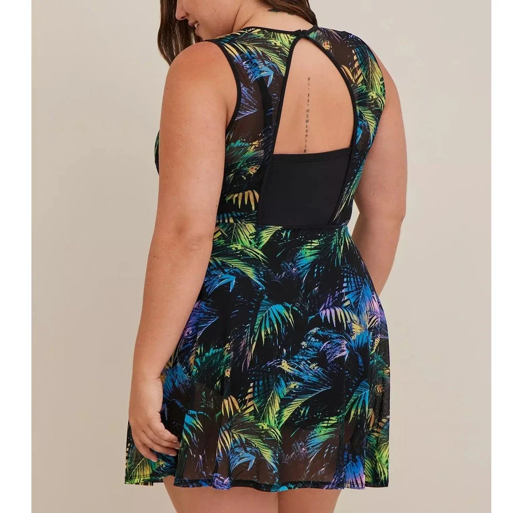 Torrid Size 2 Bra Cup D/DD Black Underwire Long Mesh Overlay Swim Dress w/Briefs